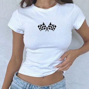 White Graphic Tee with Checkered Flags
